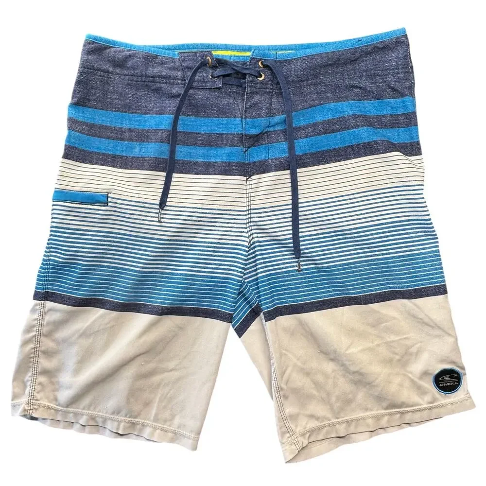 O’Neill Hyperfreak Board Shorts Mens 33 Blue/White Drawstring Stripe Swim Surf